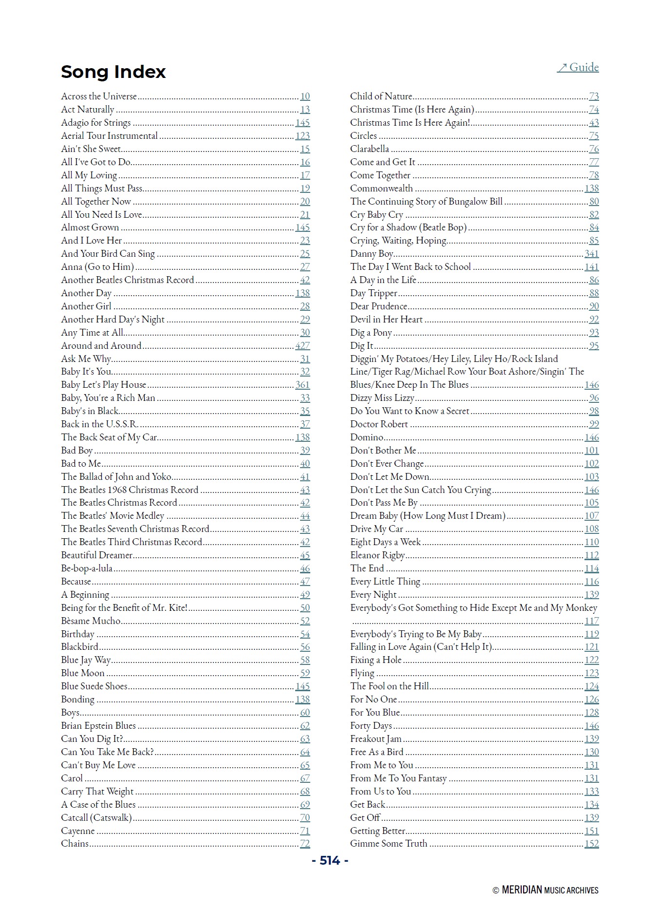 Beatles Mix & Version Archive sample page – Song Index